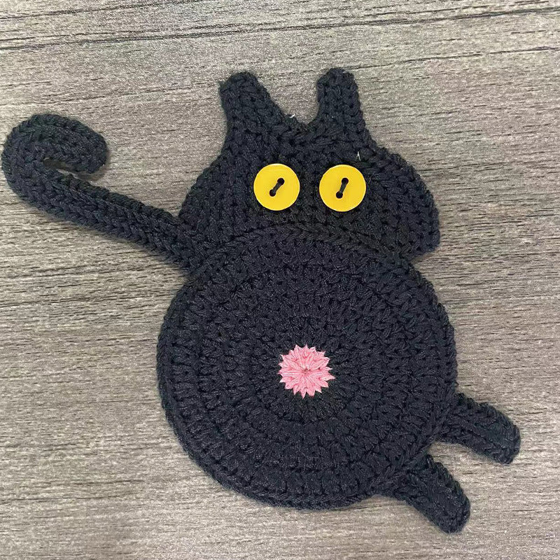 4 Pcs Black Cute Cat Butt Knitted Coaster - Lightweight Crochet Drink Mat, 15x10cm