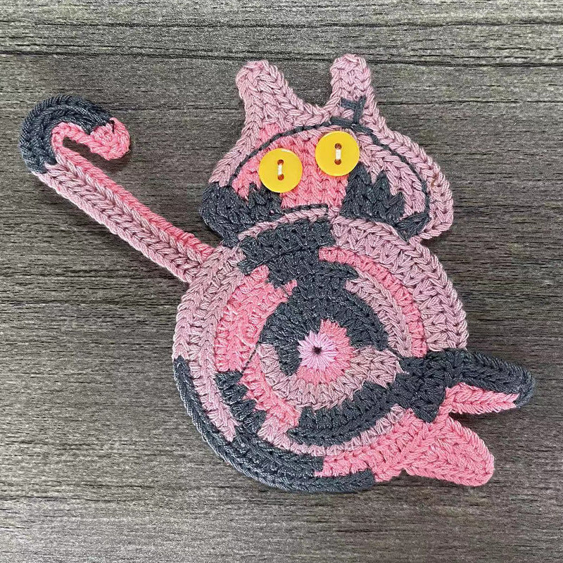 4 Pcs Pink And Grey Cute Cat Butt Knitted Coaster - Lightweight Crochet Drink Mat, 15x10cm