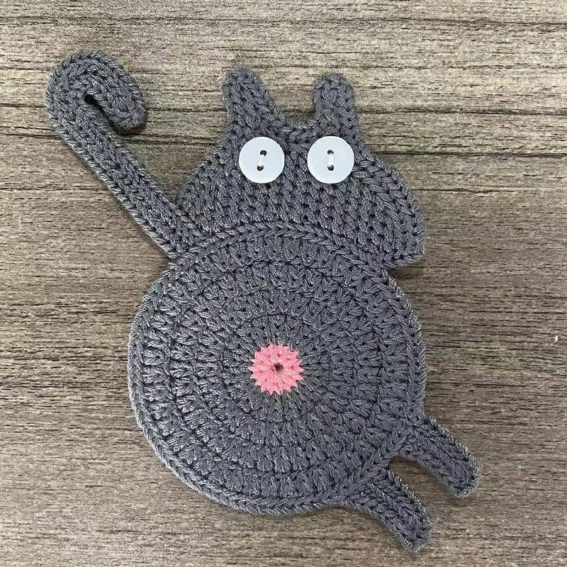 4 Pcs Grey Cute Cat Butt Knitted Coaster - Lightweight Crochet Drink Mat, 15x10cm