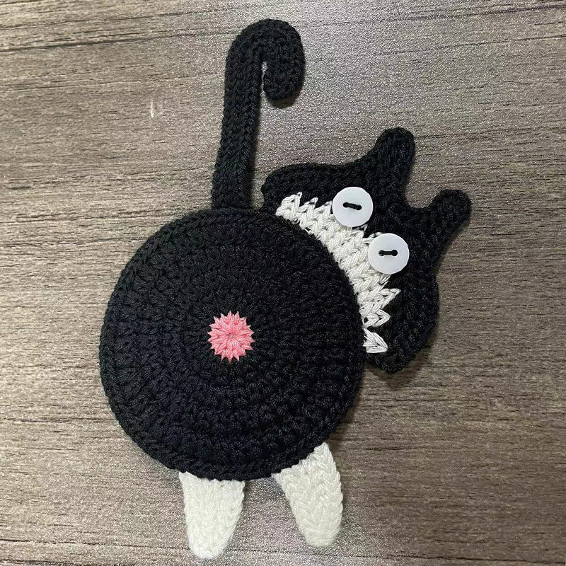 4 Pcs Black And White Cute Cat Butt Knitted Coaster - Lightweight Crochet Drink Mat, 15x10cm