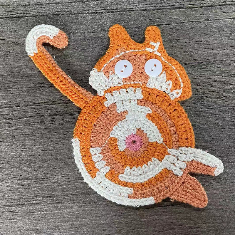 4 Pcs Orange Cute Cat Butt Knitted Coaster - Lightweight Crochet Drink Mat, 15x10cm