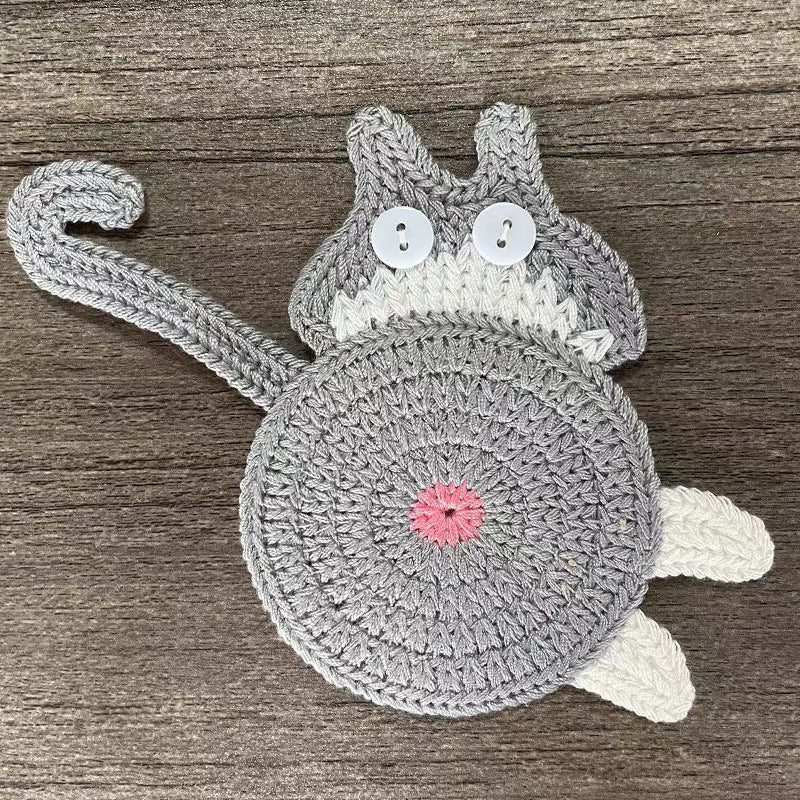 4 Pcs Grey And White Cute Cat Butt Knitted Coaster - Lightweight Crochet Drink Mat, 15x10cm