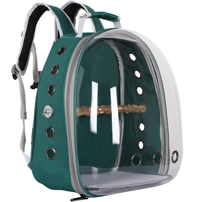 Green Stylish Transparent PVC Pet Carrier Backpack - Large Capacity, Multi-Use for Birds & CatsIncluding Wooden Stick