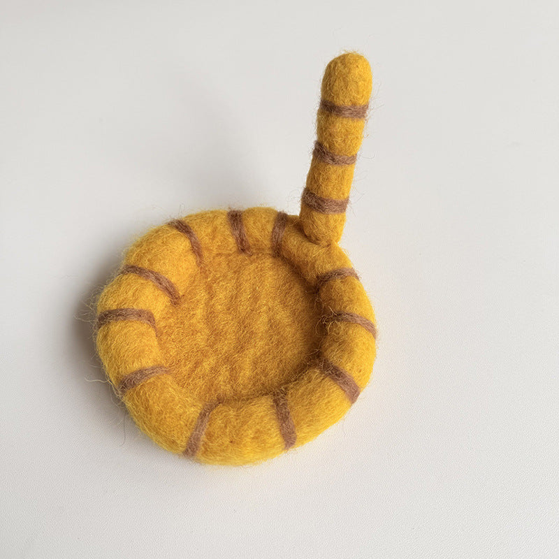 2 Pcs Yellow Handmade Wool Felt Cat Coasters - Cute Tiger Design, Heat-Resistant Table Mats