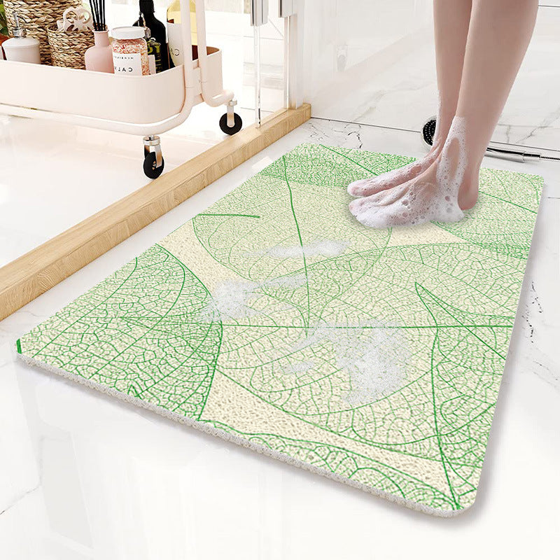 Green Leaves Pattern  PVC Non-Slip Bath Mat 50x80cm - Shower Drain Hole Design, Soft & Quick-Dry Bathroom Rug