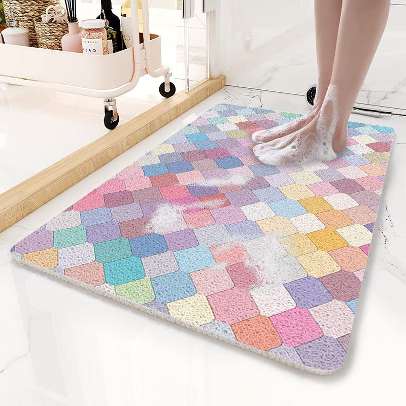 Colorful Scale Pattern  PVC Non-Slip Bath Mat 50x80cm - Shower Drain Hole Design, Soft & Quick-Dry Bathroom Rug