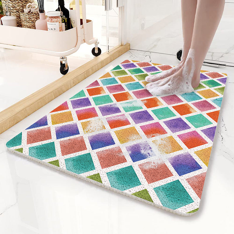 Colorful Diamond Pattern  PVC Non-Slip Bath Mat 50x80cm - Shower Drain Hole Design, Soft & Quick-Dry Bathroom Rug