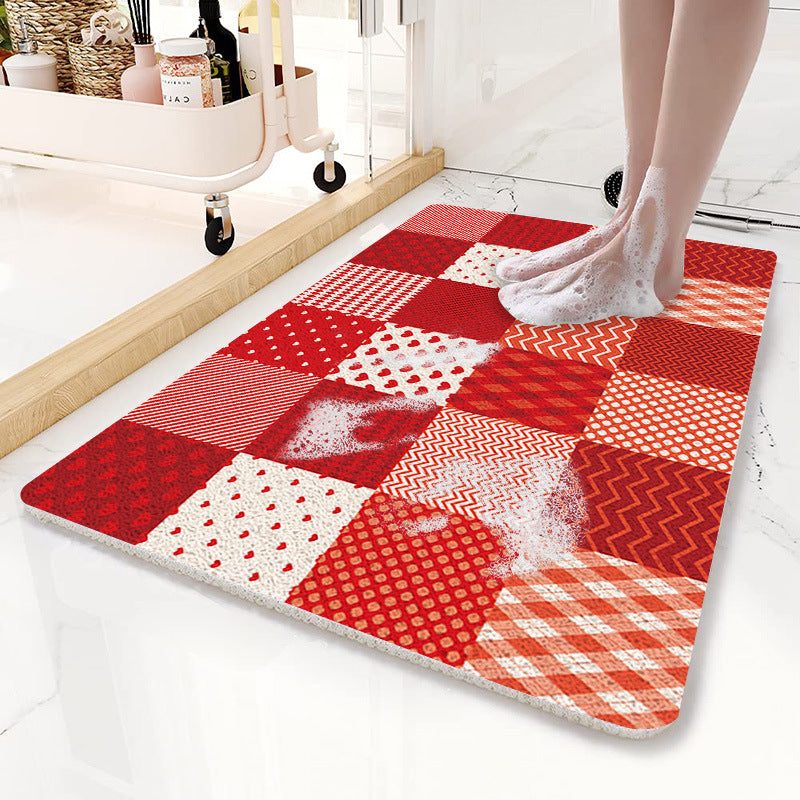 Red Checkered Pattern  PVC Non-Slip Bath Mat 50x80cm - Shower Drain Hole Design, Soft & Quick-Dry Bathroom Rug