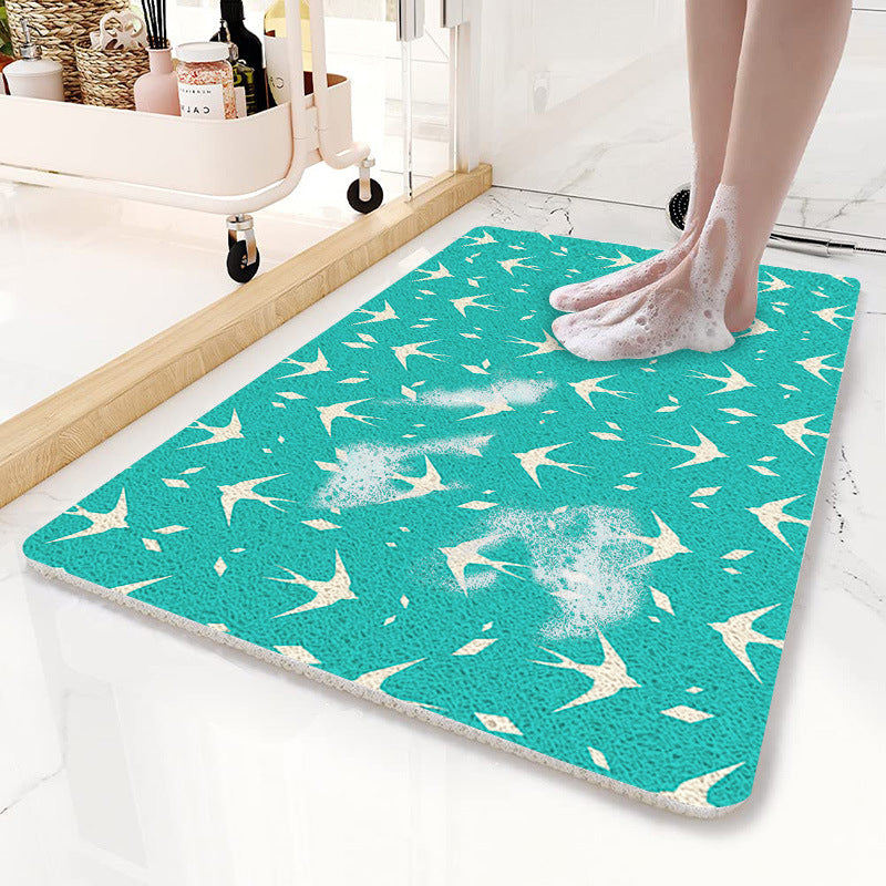 Teal Flying Bird Pattern  PVC Non-Slip Bath Mat 50x80cm - Shower Drain Hole Design, Soft & Quick-Dry Bathroom Rug