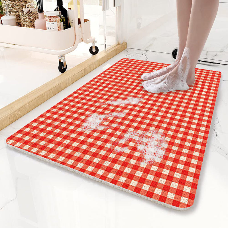 Red Plaid Pattern  PVC Non-Slip Bath Mat 50x80cm - Shower Drain Hole Design, Soft & Quick-Dry Bathroom Rug