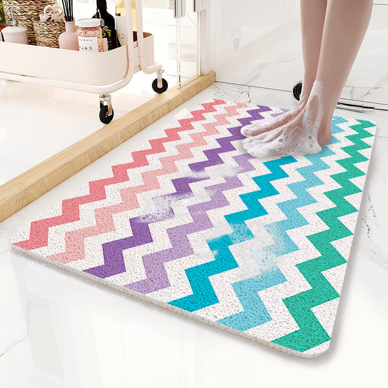 Colorful Wavy Lines Pattern  PVC Non-Slip Bath Mat 50x80cm - Shower Drain Hole Design, Soft & Quick-Dry Bathroom Rug