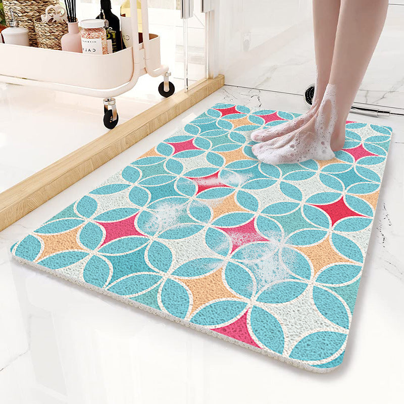 Blue Circular Pattern  PVC Non-Slip Bath Mat 50x80cm - Shower Drain Hole Design, Soft & Quick-Dry Bathroom Rug