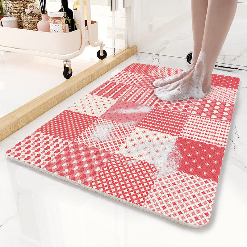 Pink Checkered Pattern  PVC Non-Slip Bath Mat 50x80cm - Shower Drain Hole Design, Soft & Quick-Dry Bathroom Rug