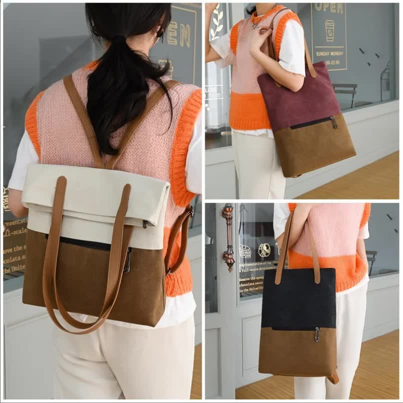 Black And Brown Canvas Tote Bag for Women - Multi-Use Shoulder Handbag & Backpack, Large Capacity, 30x10x40cm