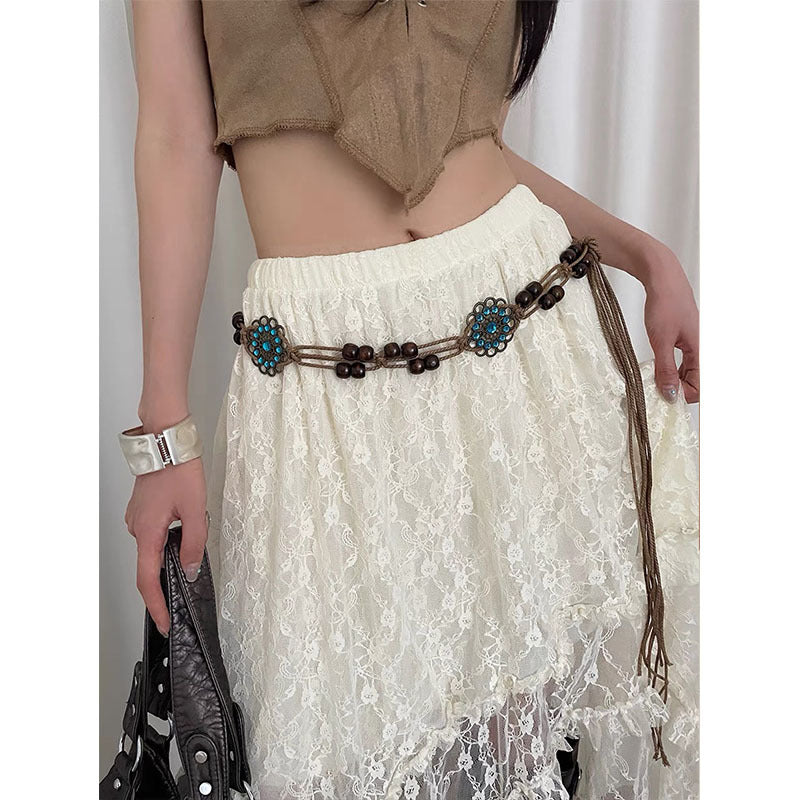 2 PCS Sapphire Wood Beads Ethnic Style Waist Chain - Beaded Bohemian Belt for Women