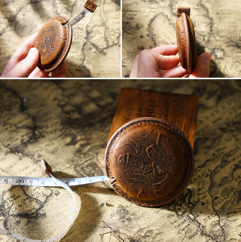 Yellow Brown Mini Leather Tape Measure - 1.5m/60in - Round With Pattern