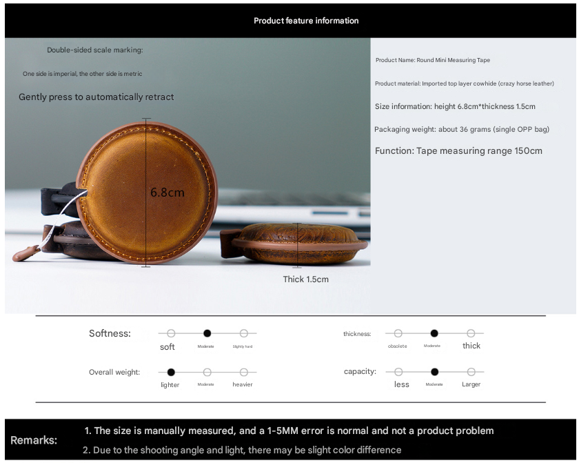 Dark Green Side Band Mini Leather Tape Measure - 1.5m/60in - Round With Hook And Pattern