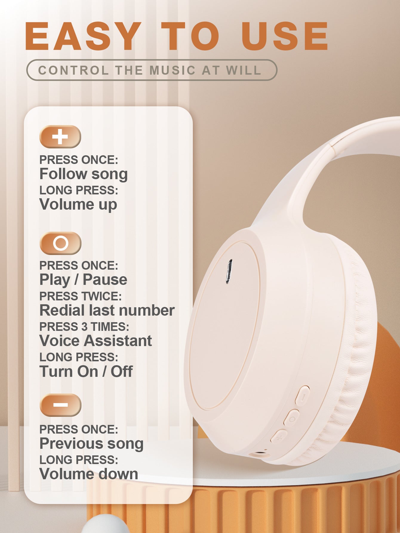 Khaki Over-Ear Wireless Headphones - Immersive Sound, 360° Surround Sound