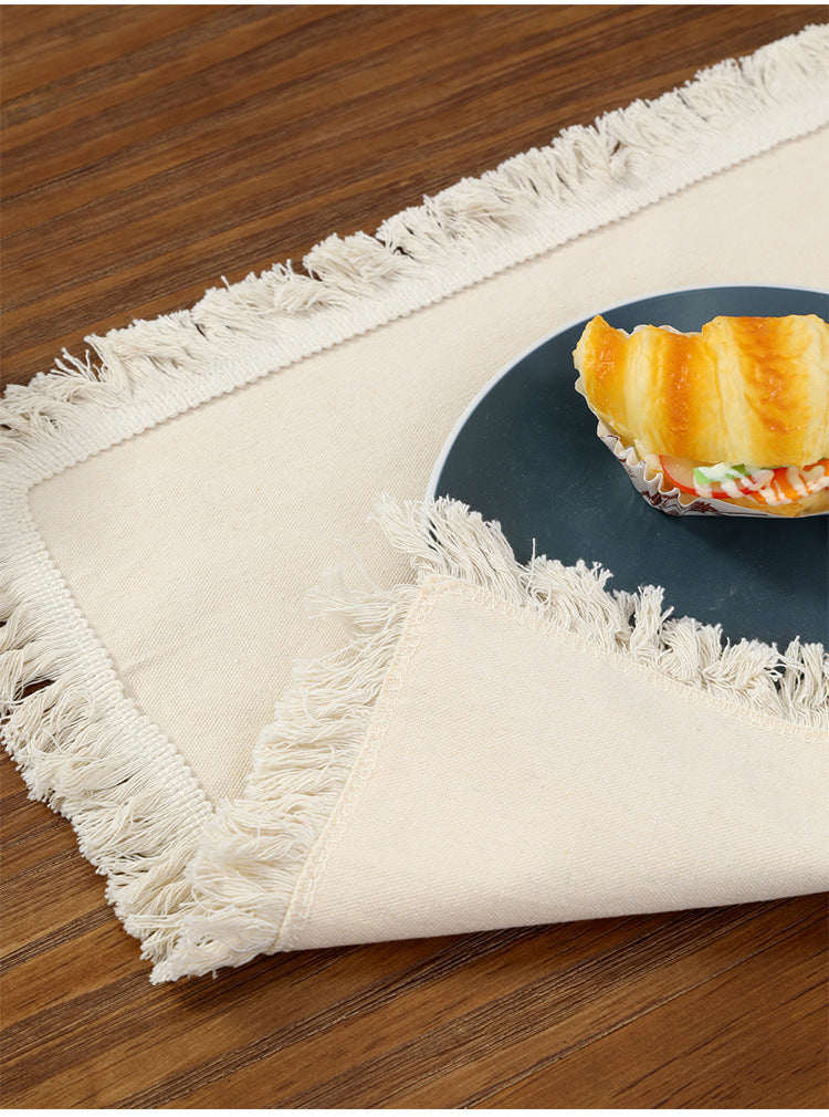 4 PCS Beige Cotton Linen Placemat with Fringe - Solid Color Table Mat for Dining (45X30CM)