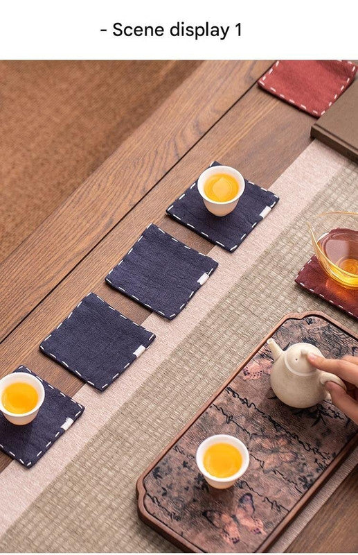 Chinese Style Linen Coasters - Set of 5, Hand-Embroidered Tea Mats (9x9cm)
