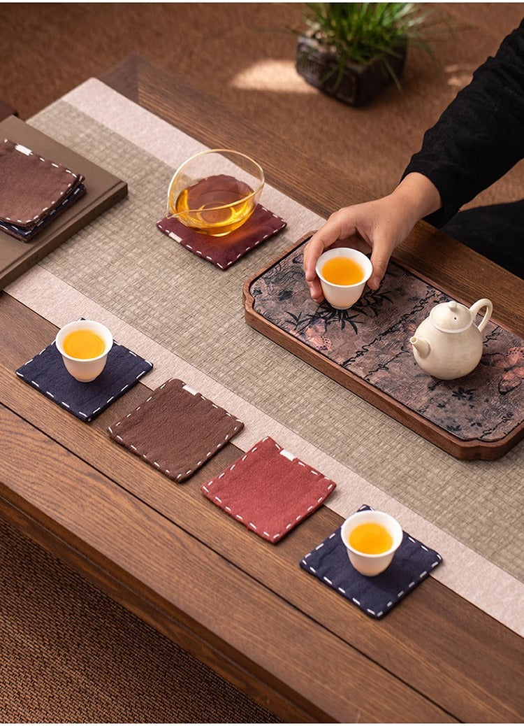 Chinese Style Linen Coasters - Set of 5, Hand-Embroidered Tea Mats (9x9cm)