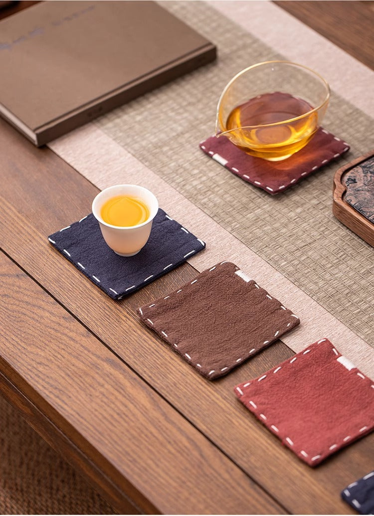 Chinese Style Linen Coasters - Set of 5, Hand-Embroidered Tea Mats (9x9cm)