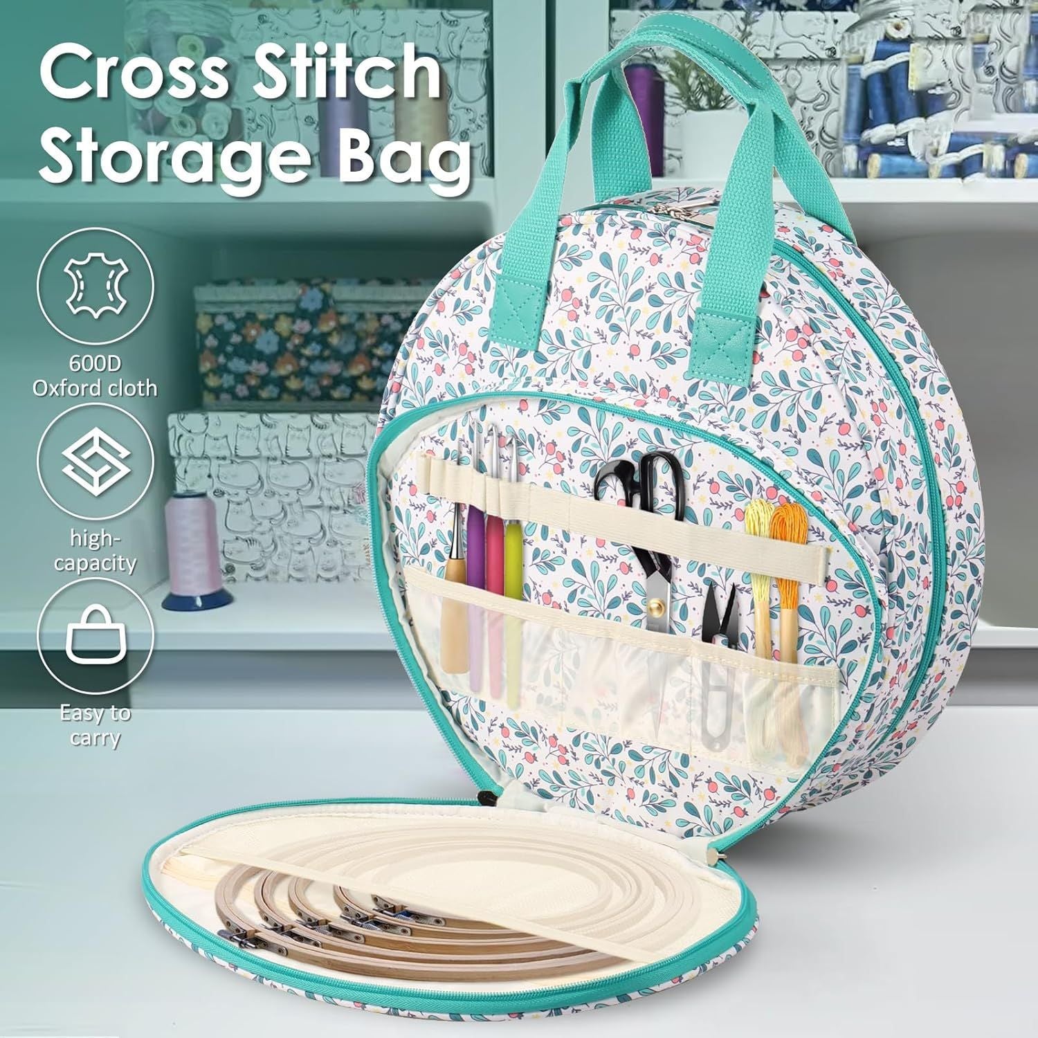 Blue leaves Multi-Compartment Embroidery Bag - Keep Your Projects Organized