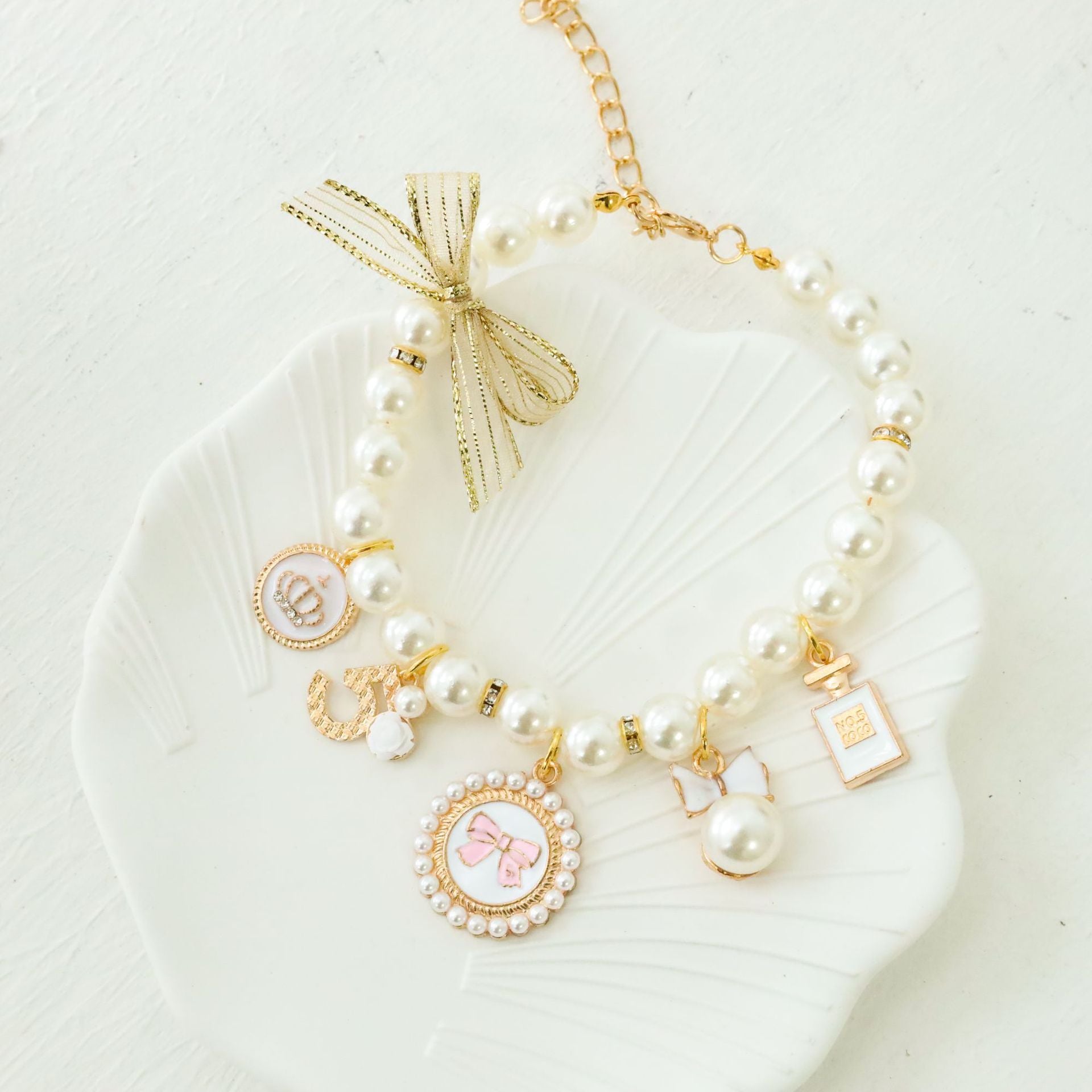 White 4-PCS Pearl Charm Pet Necklace - Adjustable Bowknot Collar for Small Dogs & Cats (S: 20+5CM)