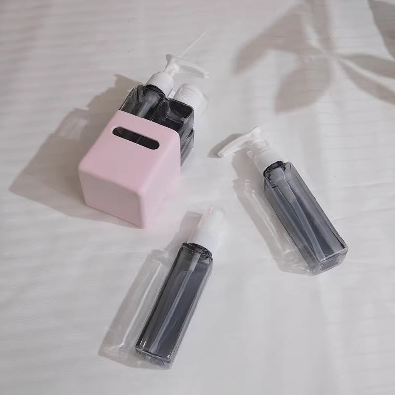 Square Pink 2-Piece 4-in-1 Travel Dispenser Set-Leakproof Refillable Bottles for Toiletries