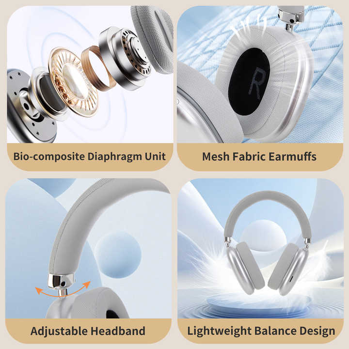 Silver Wireless Over-Ear Headphones - Bluetooth 5.3, Knob Control