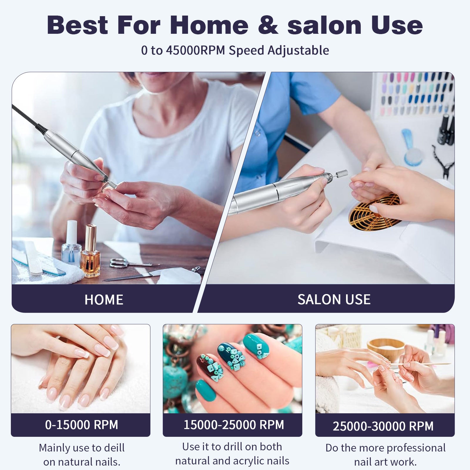 Pink+Blue Portable Electric Nail Drill - Rechargeable, Adjustable Speed, Low Vibration