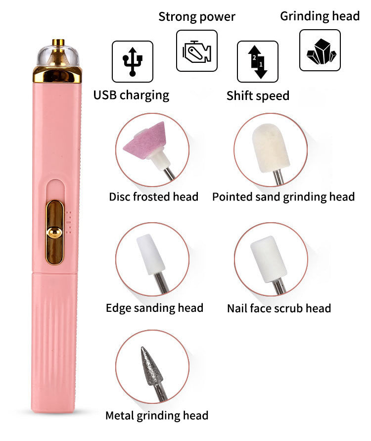 White Mini Electric Nail Polisher with USB Charging and 5 Grinding Heads
