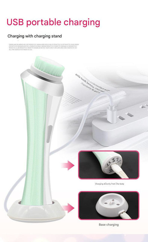 Pink Rechargeable Facial Cleansing Brush Kit with 4 Heads & Charging Dock