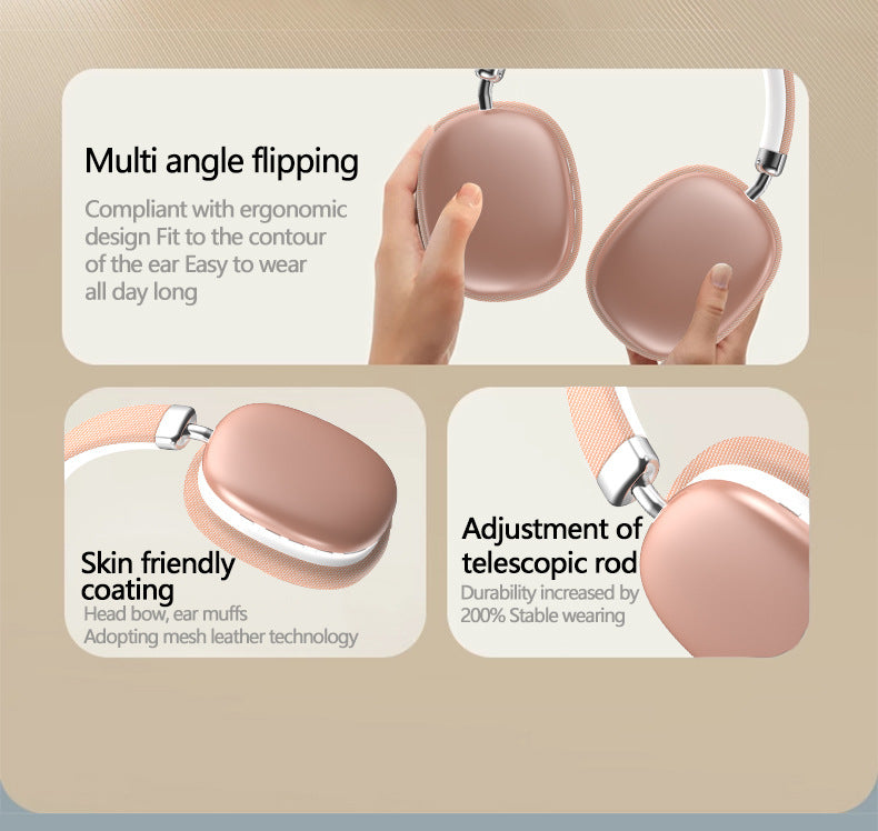 Beige Wireless Bluetooth Headphones - Over-Ear, Deep Bass, Foldable, Long Battery Life