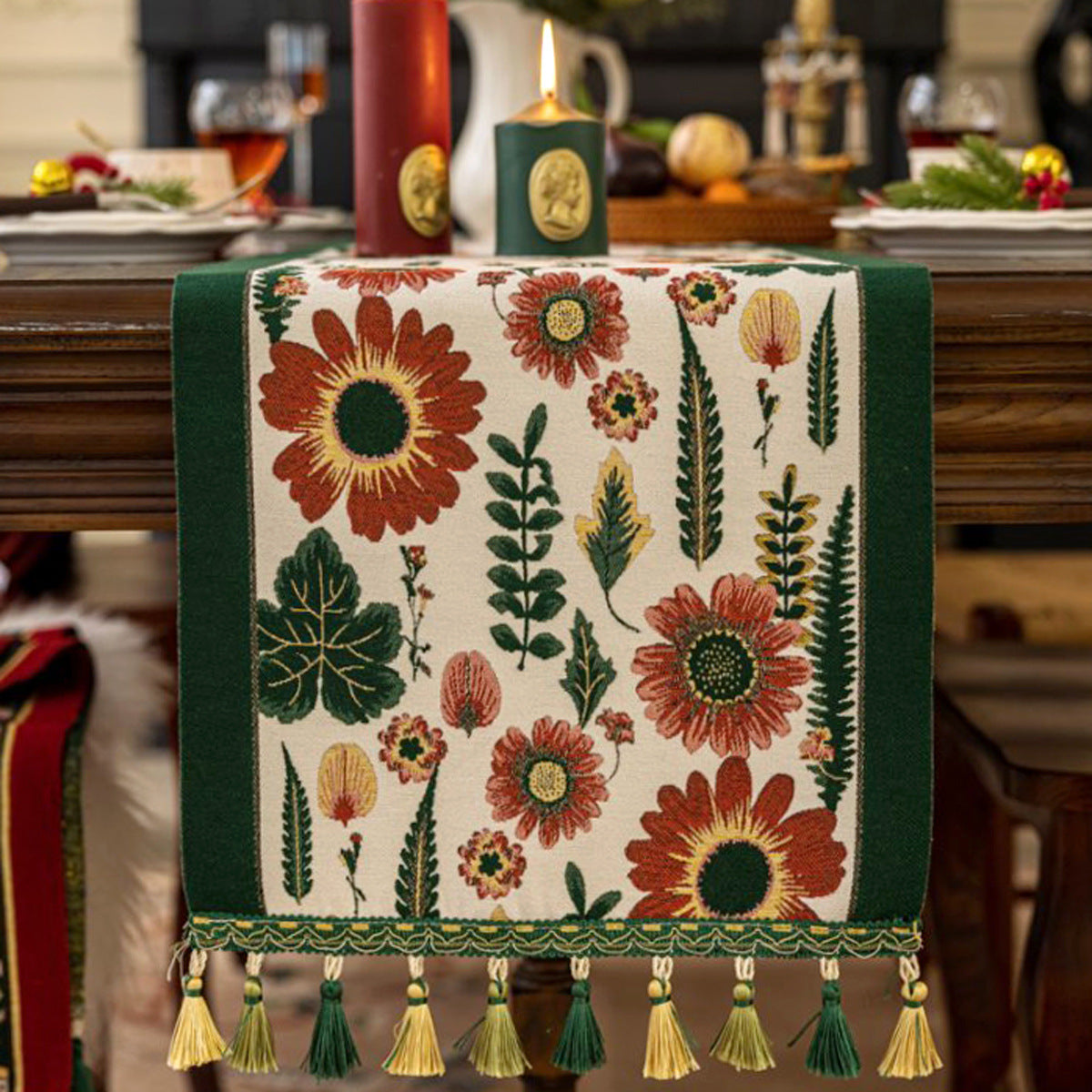 35x180cm Green Pastoral Table Runner - Spring Floral Oil Painting Style with Tassels