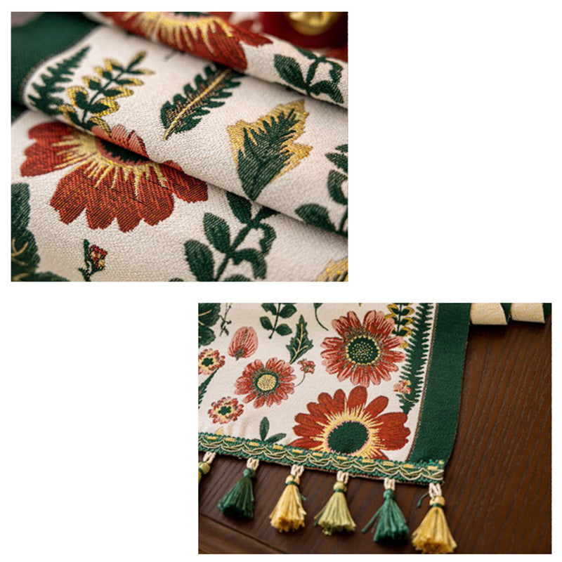 35x260cm Green Pastoral Table Runner - Spring Floral Oil Painting Style with Tassels