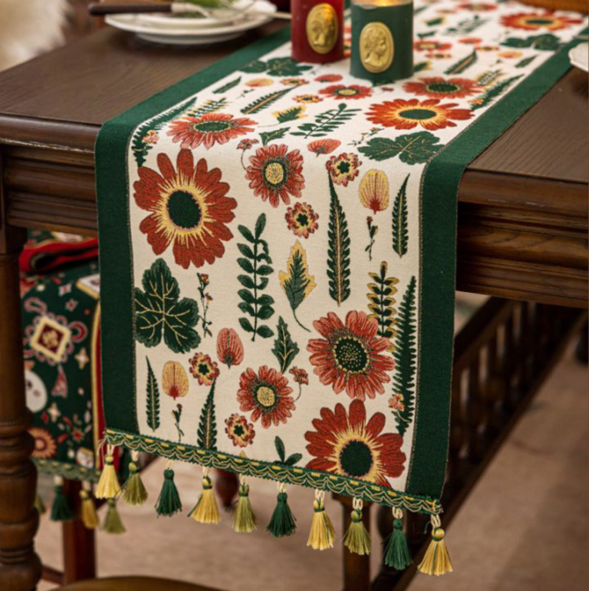 35x280cm Green Pastoral Table Runner - Spring Floral Oil Painting Style with Tassels