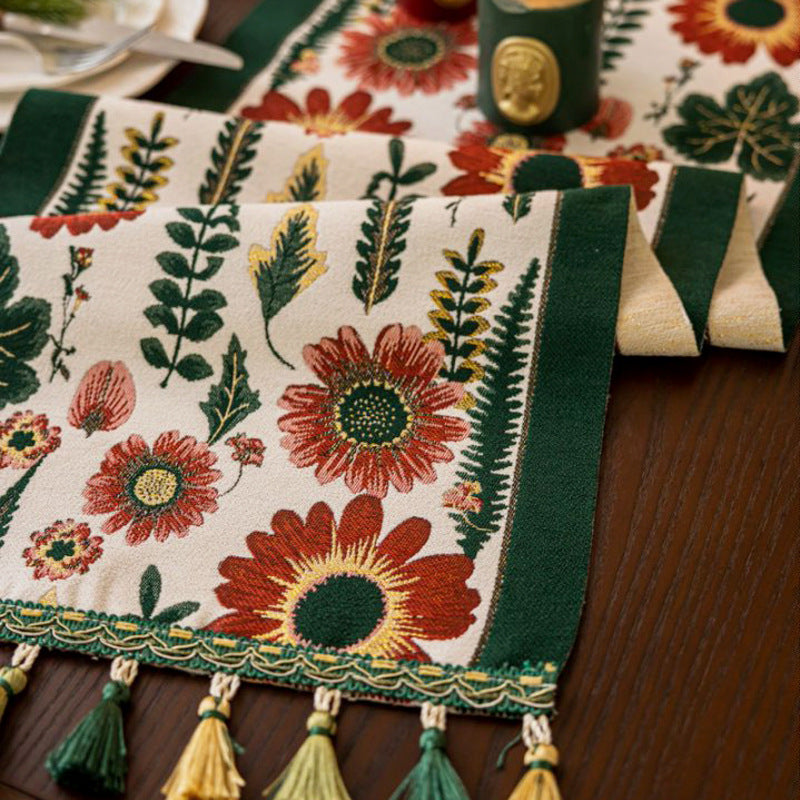 35x280cm Green Pastoral Table Runner - Spring Floral Oil Painting Style with Tassels