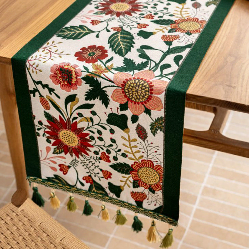 35x280cm Green Pastoral Table Runner - Spring Floral Oil Painting Style with Tassels