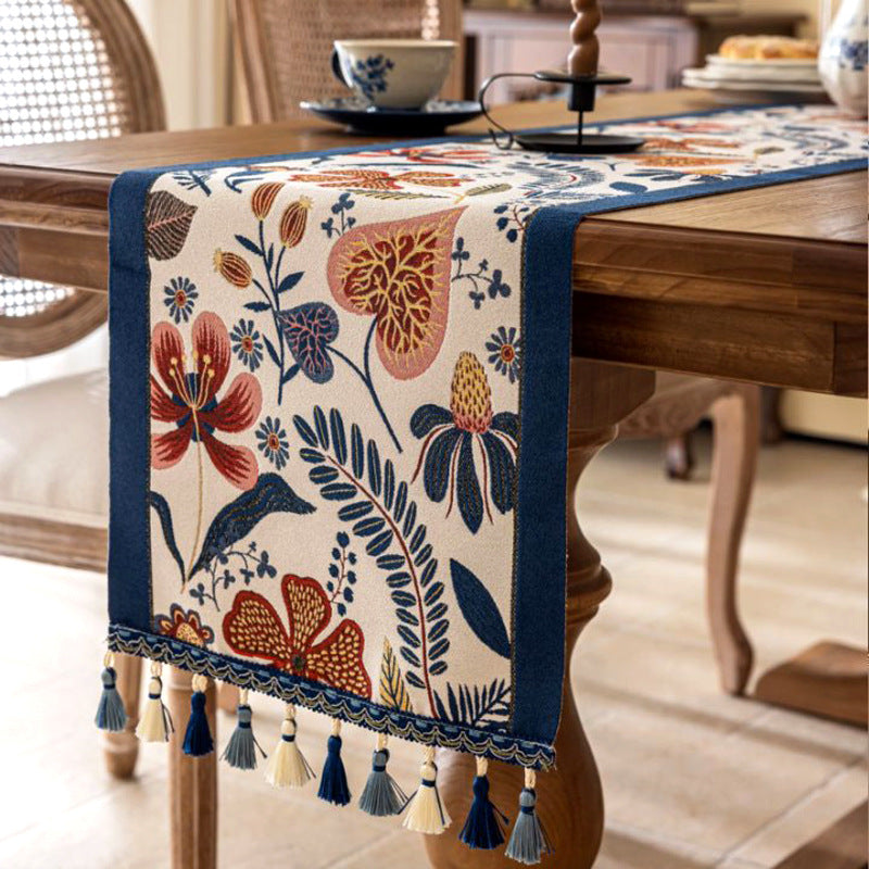 35x260cm Blue Pastoral Table Runner - Spring Floral Oil Painting Style with Tassels