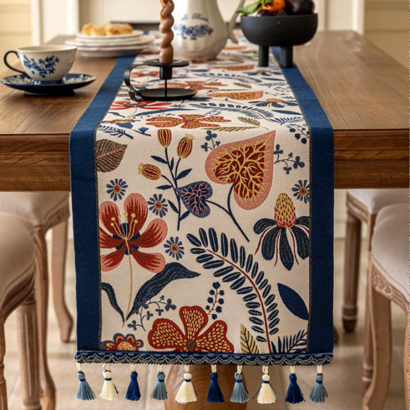 35x260cm Blue Pastoral Table Runner - Spring Floral Oil Painting Style with Tassels