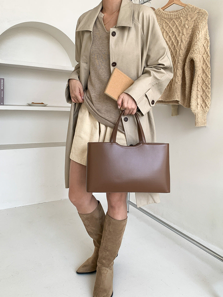 Coffee Large Capacity Tote Bag - Minimalist PU Leather Handbag for Daily Commute