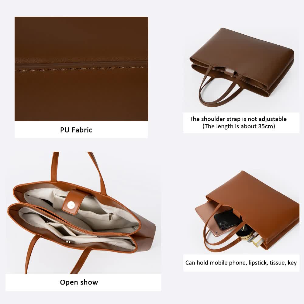 Brown Large Capacity Tote Bag - Minimalist PU Leather Handbag for Daily Commute