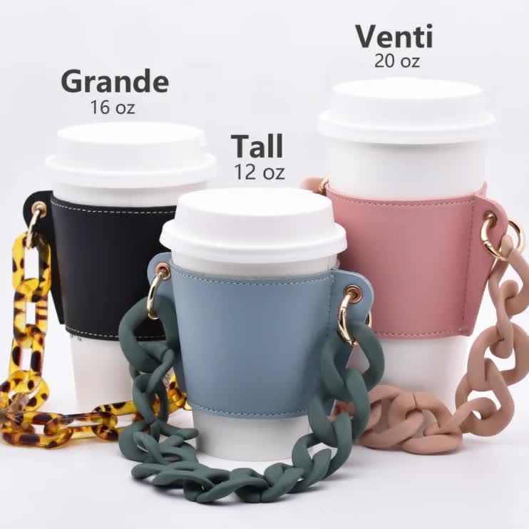 2 Pcs Grey Detachable Chain Coffee Cup Sleeve - PU Leather Insulated Cup Holder with Handle, 16cm Top, 70g(Cup not included, only cup sleeve and chain)