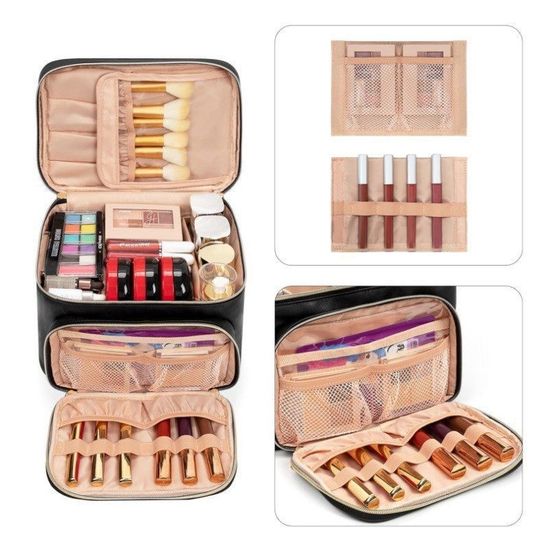 Pink Portable Travel Makeup Bag with Brush Compartment - Stylish PU Leather Cosmetic Organizer for Skincare and Toiletry Storage