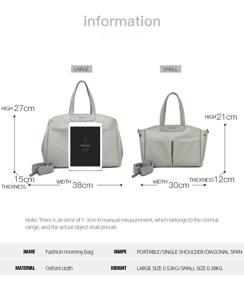 Size Large Grey Stylish Multi-Function Diaper Bag - Insulated Tote with Shoulder Strap for Baby Essentials