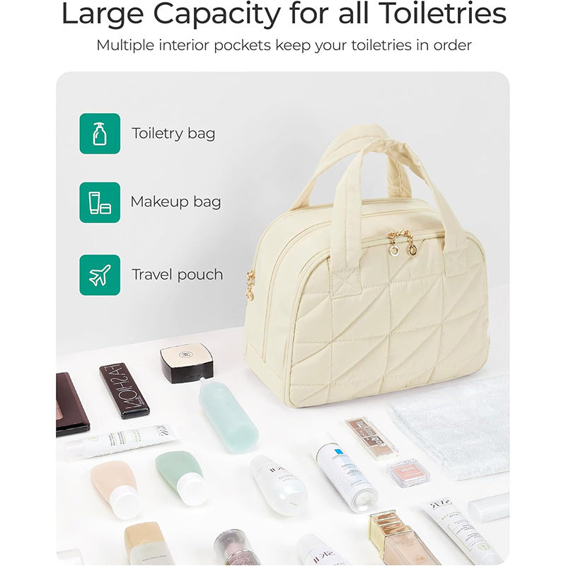 Beige Large Capacity Travel Toiletry Bag with Wide Opening - Puffy Nylon Makeup Organizer with Waterproof PVC Layer