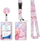 2 Pcs Pink Geometric Patterns Retractable Badge Reel & ID Card Holder Set with Lanyard - Durable ABS Plastic