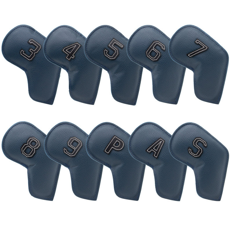 Dark Blue Golf Iron Head Covers Set of 10 - Waterproof PU Leather Club Protectors with Embroidered Numbers (3-9, P, A, S)