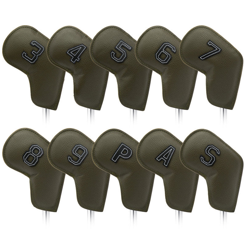 Gray Green Golf Iron Head Covers Set of 10 - Waterproof PU Leather Club Protectors with Embroidered Numbers (3-9, P, A, S)
